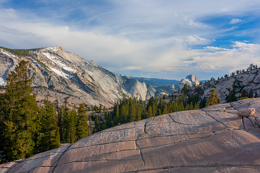 Wide angle shot in Yosemite National Park, with Half Dome in the distance.