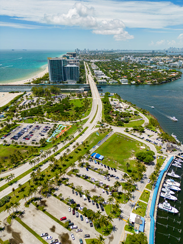Aerial Footage of Downtown West Palm Beach, Florida Inlet Waterfront & Skyline in May of 2021