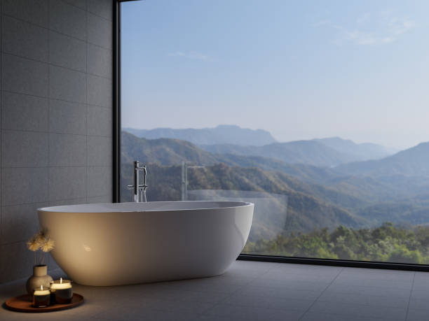 современная ванная комната в стиле лофт с роскошным 3d-рендерингом с видом на горы. - candlelight concrete bathtub candle стоковые фото и изображения