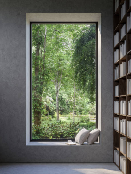 Reading corner by the window with nature view 3d render Reading corner by the window with nature view 3d render there are concrete wall decorated with wooden bookshelves hotel window view stock pictures, royalty-free photos & images