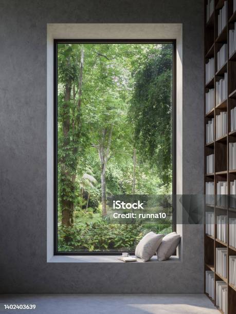 Reading Corner By The Window With Nature View 3d Render Stock Photo - Download Image Now