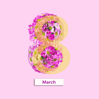 International Women's Day. Flowers in the shape of the number eight on a pink background. postcard, banner or flyer of March 8