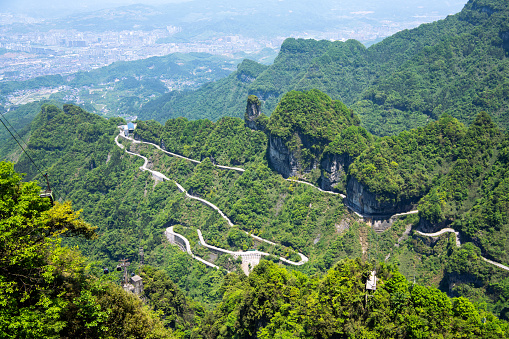 The road of 99 tirns from above, horizontal image with copy space for text, Zhangjiajie, Tianmen mountain, Hunan, China