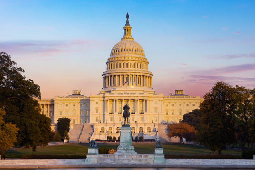 The United States Capitol building at Washington D.C. in the evening.