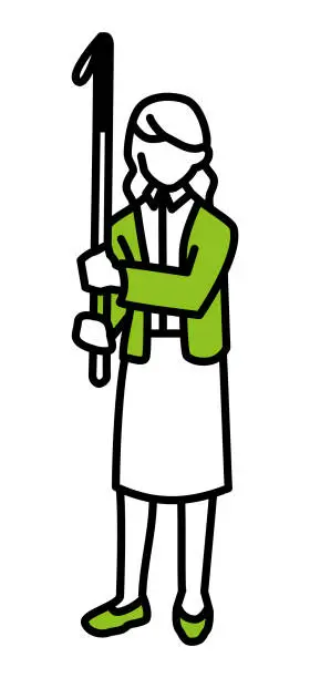 Vector illustration of A woman who raises a white cane and gives an SOS sign