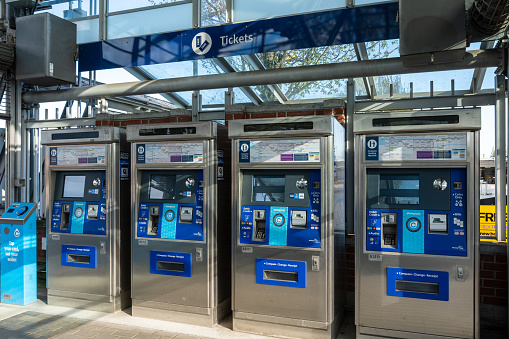 Port Coquitlam, BC, Canada - April 26 2021 : Port Coquitlam station self-service ticket machines.