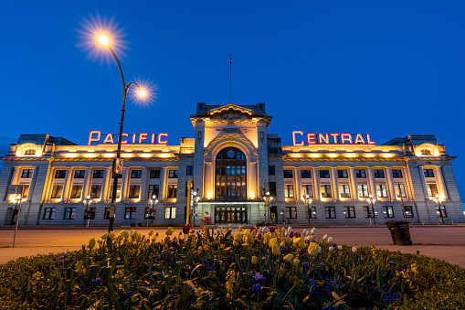 Vancouver, BC, Canada - April 26 2021 : Night view of Pacific Central Station.