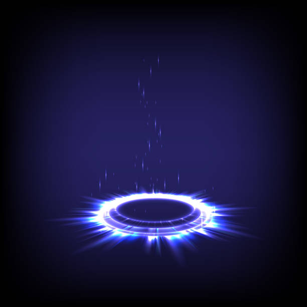 istock Sci-fi digital in glowing swirl universe trail effect. Hologram portal of luminous. Magic warp gate in game fantasy. Shining cosmic technology. Circle teleport podium. GUI, UI virtual reality users 1402410036