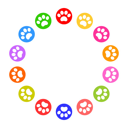 Colorful round frame with animal paws with space for text or design.