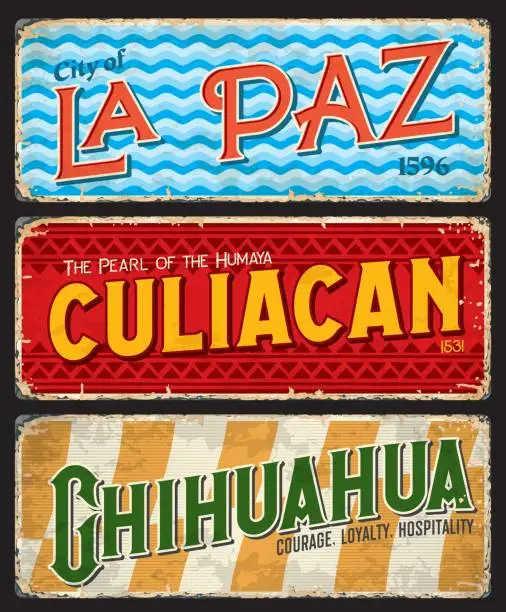 Vector illustration of La Paz, Culiacan, Chihuahua city travel plates