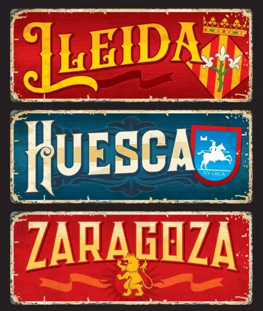 Vector illustration of Lleida, Huesca, Zaragoza spanish city travel plate