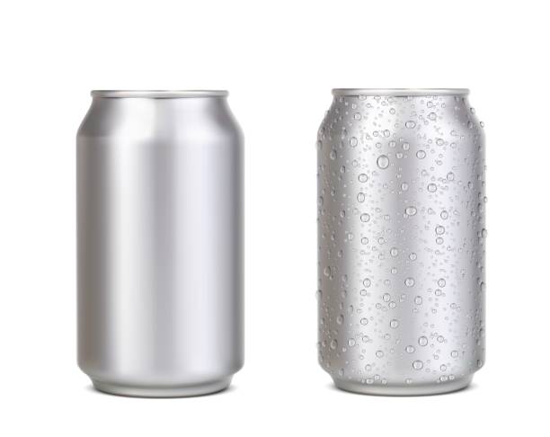 Realistic can with water drops, silver beer, soda Realistic can with water drops, silver beer, soda, lemonade, juice or coffee and energy drink can, vector mockup. Aluminium can with water drops or aluminum tin bottle of beverage, isolated 3d object condensation stock illustrations