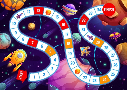 Kids board game cartoon spacecraft, ufo and starship in galaxy space. Vector boardgame worksheet with snake path, start and finish in universe fantasy world with rockets or planets, walk puzzle riddle