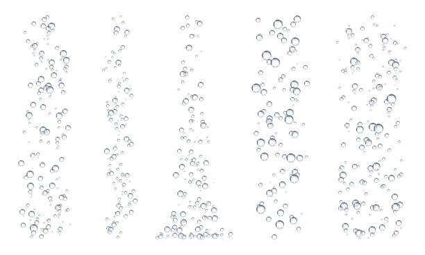 Fizz underwater bubbles, soda, water or oxygen Fizz underwater bubbles, soda, water or oxygen air dynamic aqua effervescent rising up. Vector fizzing champagne, lemonade, carbonated beverage drink design elements, isolated realistic gas bubbles bubble stock illustrations