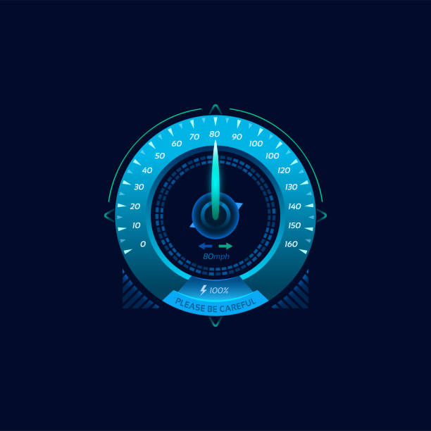 futurystyczny wskaźnik prędkościomierza samochodowego neonowa tarcza - odometer speedometer car battery motor vehicle stock illustrations