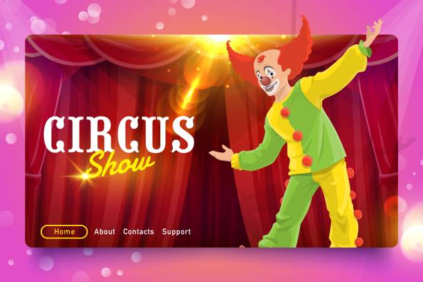 ilustraciones, imágenes clip art, dibujos animados e iconos de stock de shapito circus cartoon clown, página de inicio del sitio web - curtain red color image clown