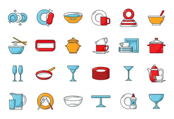 Kitchen plate, dish, utensil color outline icons Kitchen plates, dishes and utensils color outline icons of vector food cook tools, cutlery and kitchenware. Vector spoon, fork, knife and pot, frying pan, glass, cup, bowl, mug and teapot objects stacking food containers stock illustrations