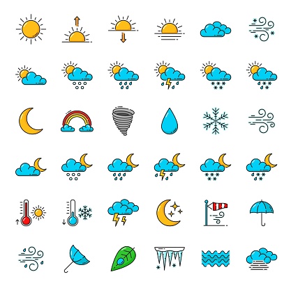 Weather forecast color outline icons. Meteorology, temperature, climate and uv vector pictograms. Isolated cloud, sun, rain, snow and wind, storm, moon, snowflake, lightning bolt, fog and umbrella