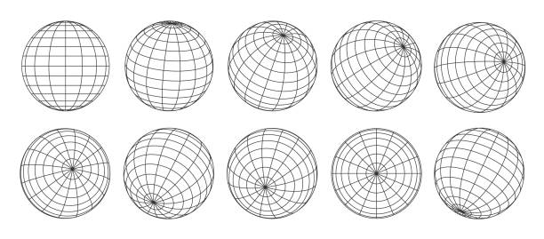 illustrazioni stock, clip art, cartoni animati e icone di tendenza di griglia del globo 3d, sfera del pianeta e wireframe a sfera - modalità wire frame