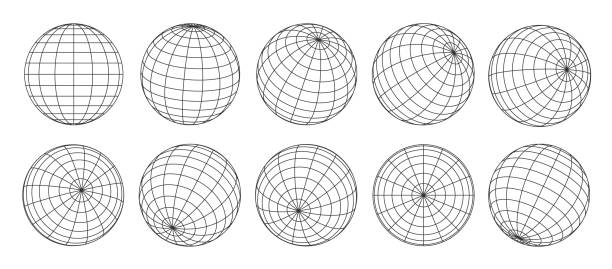 3d globe grid, planet sphere and ball wireframe 3d globe grid, planet sphere and ball wireframe. Vector Earth globe surface with discrete global grid or mosaic of longitude and latitude meridians and parallels, isolated world map wire frame net parallel stock illustrations