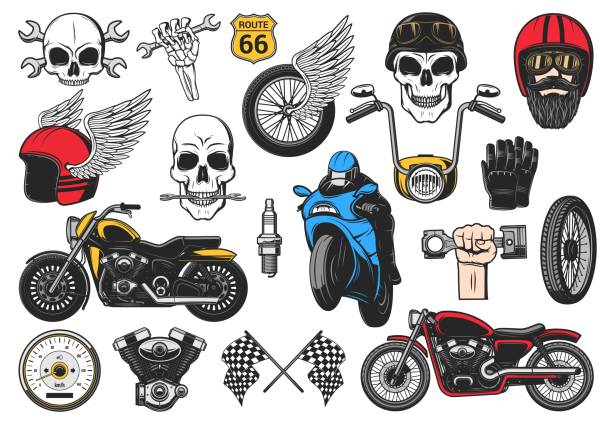 Motorcycle sport, bikes racing and speedway icons Bikers racing and motorcycle sport speedway icons of skull and chopper bike, vector. Biker custom motorcycle and garage service signs, engine speedometer and skull in racer helmet with crossed wrench vintage speedometer stock illustrations