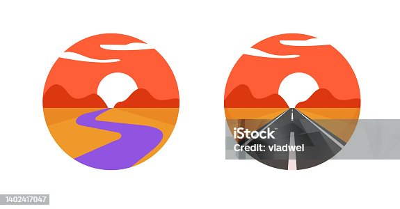 istock Logo of travel road way and path river trail in wild nature valley desert landscape icon modern design vector, pathway graphic print art flat illustration, horizon and sunrise, sunset dawn view image 1402417047