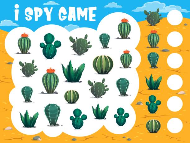 Kids i spy game with cartoon cactuses in desert I spy game. Cactuses in desert. Child counting puzzle, kids educational riddle with objects searching and counting task. Children math quiz vector worksheet with desert plants, succulents or cactuses spy games stock illustrations