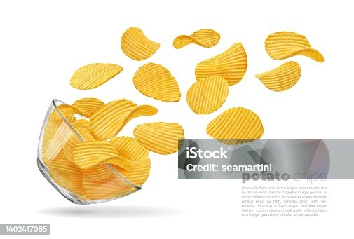 istock Flying ripple potato chips and glass bowl, food 1402417085