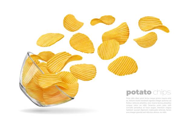 Flying ripple potato chips and glass bowl, food Flying ripple potato chips. Glass bowl and falling chips 3d vector crispy vegetable snacks or junk food. Isolated crunchy slices of salty chips, realistic wavy crisps in transparent plate potato chip stock illustrations