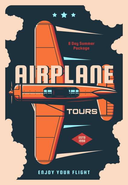 illustrations, cliparts, dessins animés et icônes de voyages en avion affiche vintage, vieil avion - airplane biplane retro revival old fashioned