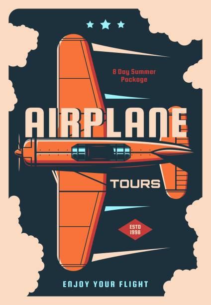 ilustrações, clipart, desenhos animados e ícones de viagem de avião visita pôster vintage, avião velho - airplane biplane retro revival old fashioned