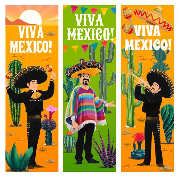illustrations, cliparts, dessins animés et icônes de viva mexico banners, groupe d’artistes mariachi mexicains - hat band