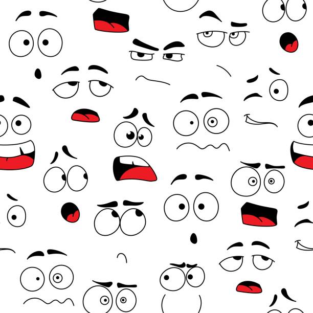 ilustraciones, imágenes clip art, dibujos animados e iconos de stock de caras de dibujos animados, emojis de fondo de patrón sin fisuras - human face cartoon bizarre smiley face