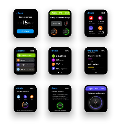 Fitness tracker or smart watch, display screen interface. Vector bracelets, smartwatches, gadgets mockup for monitoring health parameters heartbeat, calories, steps and time, modern electronic devices