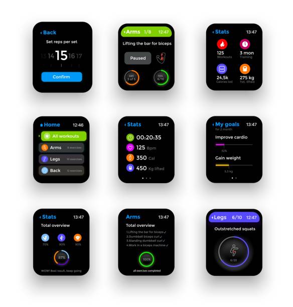 Fitness tracker or smart watch Fitness tracker or smart watch, display screen interface. Vector bracelets, smartwatches, gadgets mockup for monitoring health parameters heartbeat, calories, steps and time, modern electronic devices wrist exercise stock illustrations