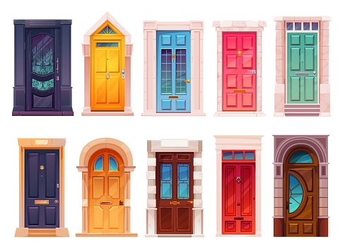 Cartoon front doors with marble stone doorway, house entrance facade interior doors. Vector wooden exterior gates with rocky doorjambs and glass. Entry to luxury hotel, townhouse cottage or mansion