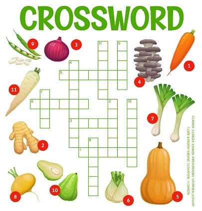 Farm raw vegetables and mushrooms, crossword puzzle worksheet to find word, vector quiz game grid. Kids education crossword riddle to guess word of carrot, avocado and onion with pumpkin and beans