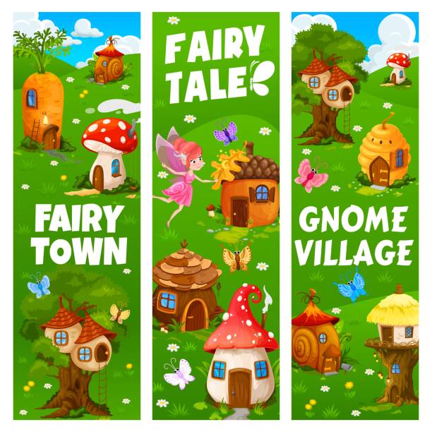 illustrations, cliparts, dessins animés et icônes de bannières de villes et de villages féeriques, gnome de dessin animé - gnome troll wizard dwarf