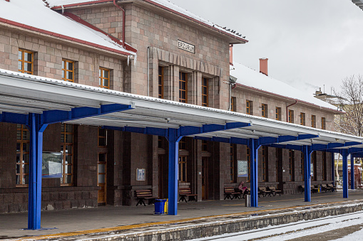 Erzurum train station platform in Erzurum, Turkey during winter