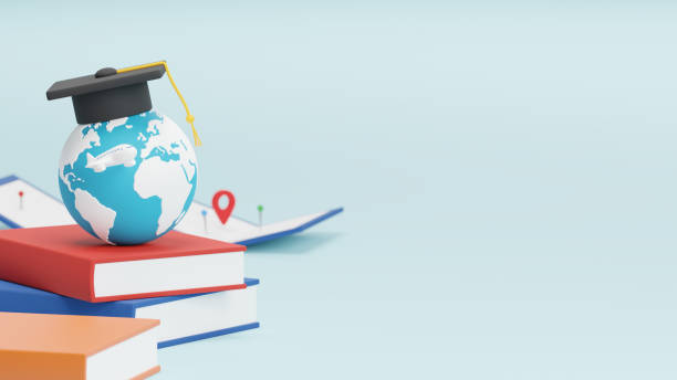 Study abroad concept design of world with graduation cap and plane map pin and location sign 3D render Study abroad concept design of world with graduation cap and plane map pin and location sign 3D render exchange student stock pictures, royalty-free photos & images