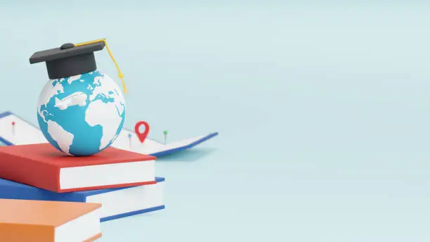 Photo of Study abroad concept design of world with graduation cap and plane map pin and location sign 3D render