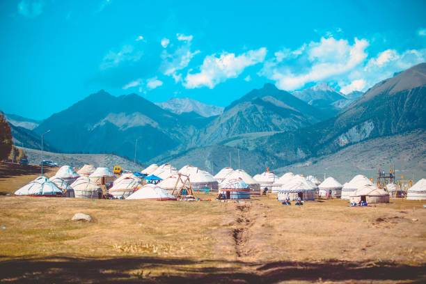 Isyk-Kul, Kyrgyzstan - September ‎29, ‎2018: Many Kyrgyz yurts during World Nomad Games