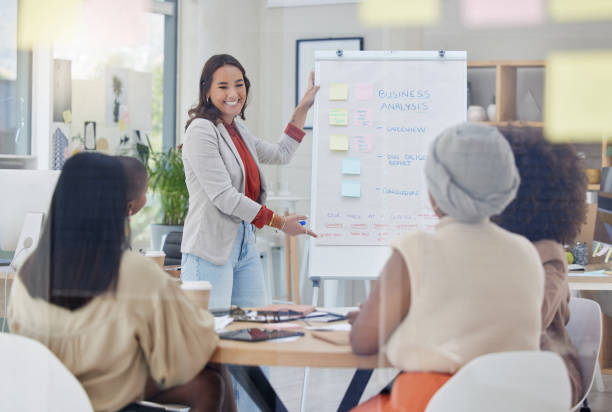 istock Ambitious asian business woman using a whiteboard for staff training in an office workshop. Ethnic professional standing and teaching team of colleagues. Sharing ideas and planning marketing strategy 1402420952