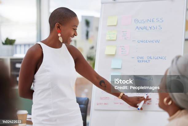 Ambitious African American Businesswoman Using Whiteboard To Train Staff In Office Workshop Black Professional Standing And Teaching Team Of Colleagues Sharing Idea And Planning Marketing Strategy Stock Photo - Download Image Now