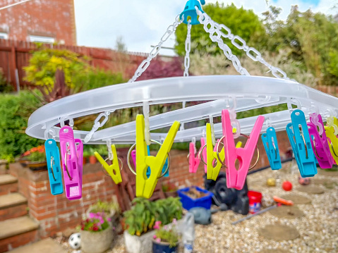 Close-up of pegs on washing line