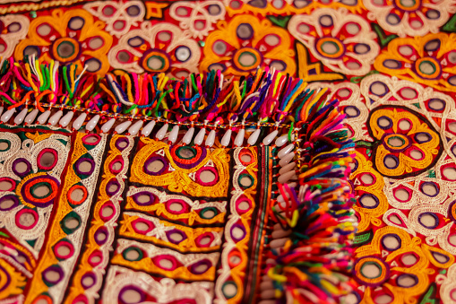 Embroidery art work view,handmade tribal skirt with embroidery and mirror work,colorful handmade ahir bharat, kutchhi bharat,Seamless striped pattern in India,