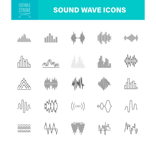 ilustraciones, imágenes clip art, dibujos animados e iconos de stock de iconos de ondas de sonido trazo editable. el conjunto contiene iconos como ruido, patrón de onda, música, señal de voz - frecuencia