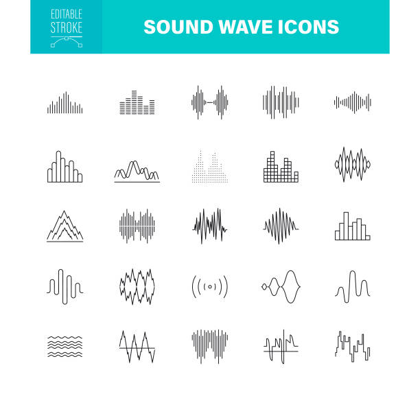 ikony fal dźwiękowych edytowalny obrys. zestaw zawiera ikony jako szum, wzór fali, muzyka, sygnał głosowy - electronics industry audio stock illustrations