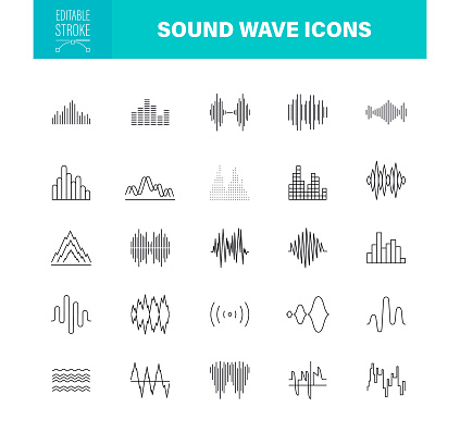 Sound waves line icon set. Editable stroke. Collection of audio waveforms.