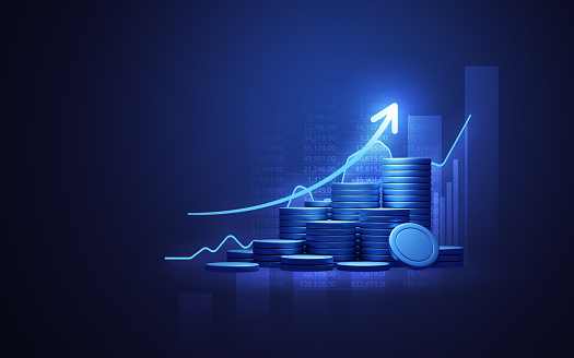Diagrama de gráfico de finanzas de gráficos de negocios de dinero azul sobre economía Fondo de moneda 3D con concepto de datos financieros de crecimiento o barra de ganancias del mercado de inversión y éxito informe de moneda de tecnología de accione photo